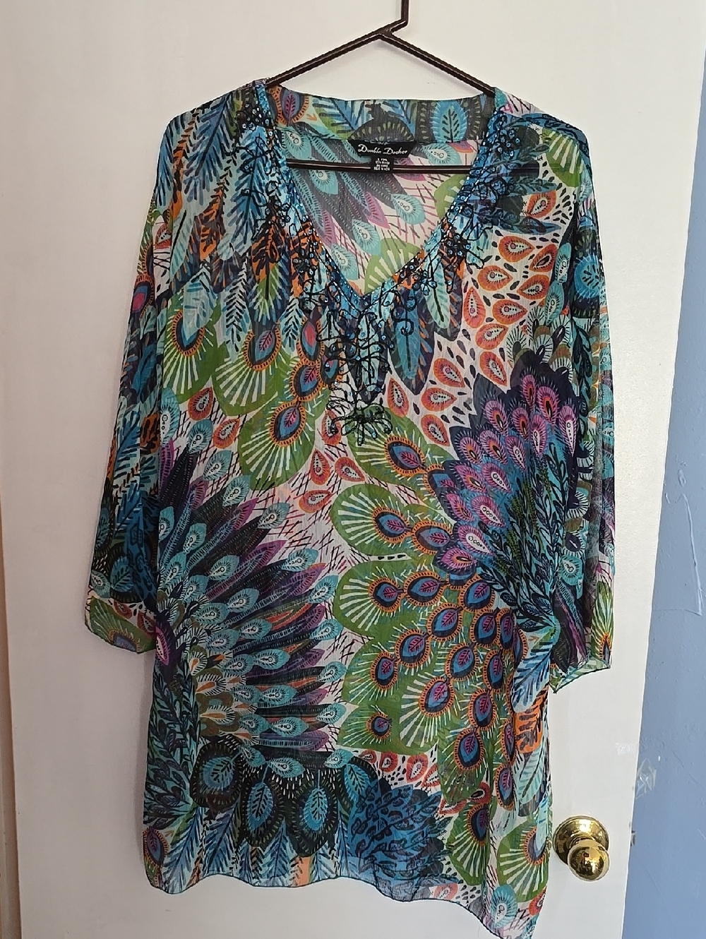 Double Decker Peacock Sheer Cover Up featuring sequin and beaded trim X/XL